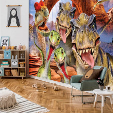 Eine Fototapete mit Dinosauriern in einer fröhlichen Umgebung, ideal für das Spielzimmer...