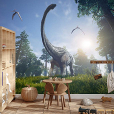 Eine Fototapete mit einer lebendigen Darstellung von Dinosauriern, darunter ein Brachiosaurus, dargestellt in einem Kinderzimmer.