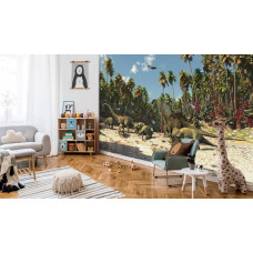 Eine Fototapete mit Dinosauriern im Dschungel für Kinder im Kinderzimmer und Jungenzimmer.