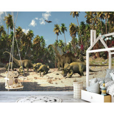 Eine Fototapete mit Dinosauriern im Dschungel für Kinder im Kinderzimmer.