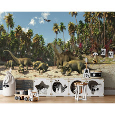 Eine Fototapete mit Dinosauriern im Dschungel für Kinder im Spielzimmer.