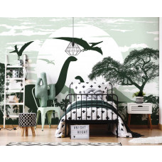 Eine Fototapete mit Dinosauriern in einem Kinderzimmer für Jungen.