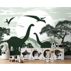 Eine Fototapete mit Dinosauriern in einem Kinderzimmer.