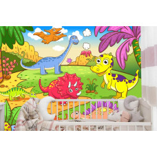 Eine Fototapete mit einer farbenfrohen Darstellung von Dinosauriern, die in einem Babyzimmer angezeigt wird.