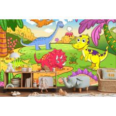 Eine Fototapete mit Dinosauriern vor einem vulkanischen Hintergrund, die in einem Kinderzimmer angezeigt wird.
