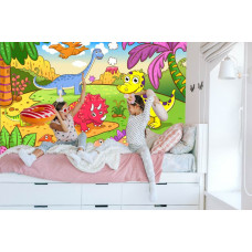 Eine Fototapete mit Dinosauriern vor einem Vulkan, die in einem Mädchenzimmer angezeigt wird.