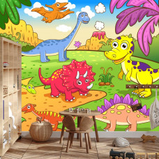 Eine Fototapete mit einer lebendigen Dinosaurierlandschaft, die in einem Spielzimmer angezeigt wird.