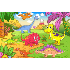 Dinosaurier vor einem Vulkan, die in einer dramatischen und detaillierten Fototapete angezeigt werden.