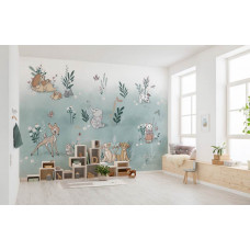 Eine Disney-Fototapete mit niedlichen Tierfreunden, die in einem Kinderzimmer zu sehen ist.