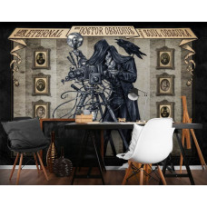 A Doctor Obsidius Soul Obscura Fototapete mit Totenköpfen und Skelettfotograf für Spielzimmer.