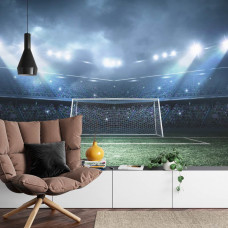 Fototapete mit einem Fußball, der in einem Stadion in einem Wohnzimmer auf ein Tor zielt.