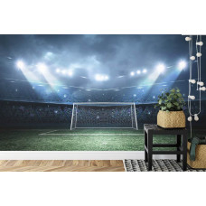 Fototapete mit einem Fußball, der in einem Stadion in einem Kinderzimmer auf ein Tor zielt.