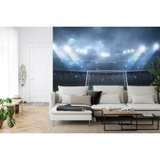 Fototapete mit einem Fußball, der in einem Stadion in einem Wohnzimmer auf ein Tor zielt.