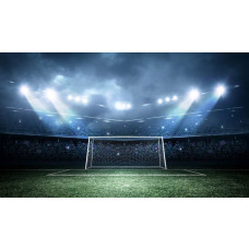 Fototapete mit einem Fußball, der in einem Stadion auf ein Tor zufliegt, aufgenommen im Moment eines wichtigen Treffers.