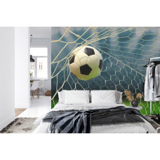 eine Fototapete, die einen Fußball in einer ruhigen und strategischen Szene in der Nähe eines Tores in einem Schlafzimmer zeigt.