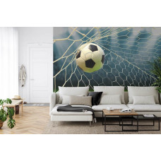 Eine Fototapete, die einen Fußball zeigt, der im Begriff ist, in einem Wohnzimmer ins Tor zu gehen.