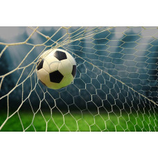 eine Fototapete, die einen Fußball zeigt, der ins Tor geht, mit einer klaren Sicht auf das Netz während des Torschusses.