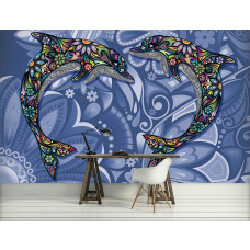 Ein abstraktes Gemälde von Delphinen im Kunststil.