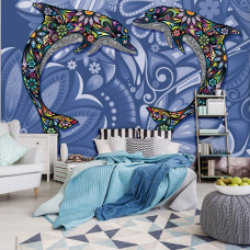 Ein abstraktes Gemälde von Delphinen im Kunststil für das Schlafzimmer.