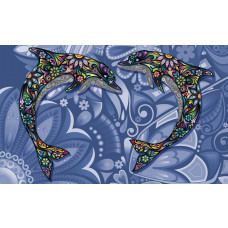 Fototapete von Delphinen im abstrakten Kunststil, dynamisch und farbenfroh.