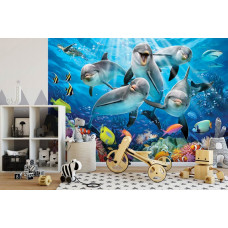 Eine Fototapete mit Delfinen in einer farbenfrohen Unterwasserwelt, ideal für ein Kinderzimmer.
