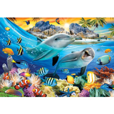 Delfine in einer Unterwasserwelt, Aquarium Fototapete mit Palmen und tropischem Flair.