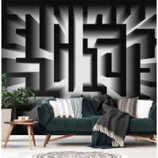 Eine Fototapete mit einem grafischen Labyrinth in schwarz-weiß, geeignet für verschiedene Räume.