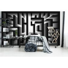 Eine Fototapete mit einem schwarz-weißen Labyrinth, ideal für ein Kinderzimmer.
