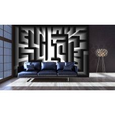 Eine Fototapete mit einem abstrakten schwarz-weißen Labyrinth im Stil eines Wohnzimmers.