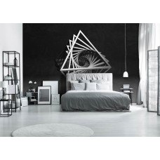 Fototapete im Schlafzimmer mit geometrischen Dreiecken in 3D auf dunklem Hintergrund für eine ruhige, moderne Atmosphäre.