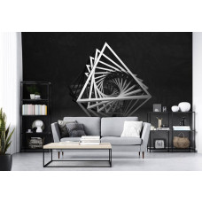 Fototapete im Wohnzimmer mit einem dynamischen Design aus 3D-Dreiecken auf dunklem Hintergrund, das den Raum aufwertet.