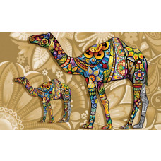 Dromedar mit Blumen Kunstwerk auf Fototapete, bunt und künstlerisch.