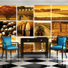 Eine Fototapete mit französischen Weinbergen und Wein, ideal für das Esszimmer.
