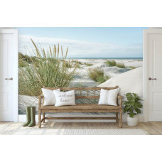 Fototapete „Dünen an der Küste“ in einer Eingangshalle mit stimmungsvollem Blick auf die Küste, weiße Sanddünen und wogendes Gras für einen einladenden Empfang.