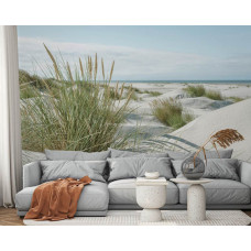 Fototapete „Dünen an der Küste“ in einem Wohnzimmer mit weitem Blick auf Sanddünen, Strandhafer und strahlend blauen Himmel für einen räumlichen Effekt.
