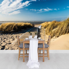 Eine Fototapete mit Dünen und Meer in einer natürlichen Umgebung, ideal für eine Küche.