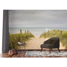 Fototapete von den Dünen an der Nordsee im Wohnzimmer mit stimmungsvollen Sanddünen und einer beruhigenden Küstenlinie, die dem Raum eine natürliche Ausstrahlung verleiht.