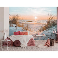 Eine moderne Strandfototapete, die einen Sonnenuntergang darstellt, geeignet für eine Vielzahl von Innenräumen.