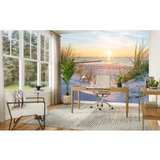 Fototapete mit Strand, Meer, Dünen und Sonnenuntergang im Büro.