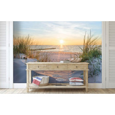 Eine Fototapete mit Dünen, Strand und Meer bei Sonnenaufgang, geeignet für ein Wohnzimmer.