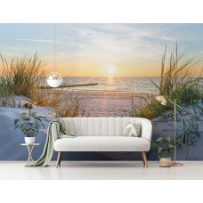 Eine Strand-Fototapete mit Meer, Dünen und einer friedlichen Atmosphäre, perfekt für ein Wohnzimmer.