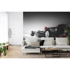 Eine Fototapete eines dynamischen Formel-1-Autos mit intensiven Details in einem Wohnzimmer.