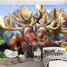 Eine Fototapete mit Elchen in einer lustigen Selfie-Einstellung, ideal für Kinder.