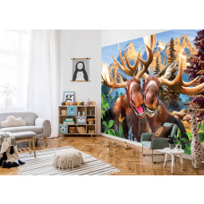 Eine Fototapete von Elchen in einer Fantasie-Einstellung, ideal für eine Kinderumgebung.