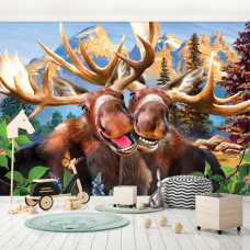 Eine Fototapete mit glücklichen Elchen in einer lustigen Selfie-Einstellung, geeignet für das Spielzimmer.