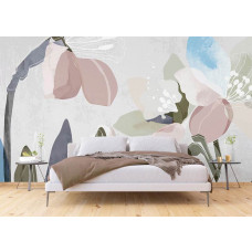 Fototapete mit eleganter Blumenkunst in Pastellfarben für das Schlafzimmer, mit sanften Farben und einem beruhigenden Look, perfekt zum Entspannen.