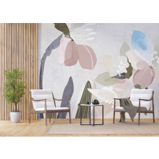 Fototapete mit zarter Blumenkunst in Pastellfarben für die Vliestapete Wohnzimmer, mit subtilen Tönen, die den Raum erhellen.