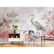 Ein Geschäftsraum mit einer Fototapete mit einem eleganten Reiher, umgeben von roten Blättern und einem japanischen Haus, die zusammen für eine elegante Ausstrahlung sorgen.