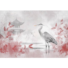 Fototapete mit einem eleganten Reiher, umgeben von roten Blättern und einem japanischen Haus, die zusammen für eine elegante Ausstrahlung sorgen.