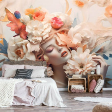 Eine Fototapete einer eleganten Frau mit pastellfarbenen Blumen im Kunststil im Schlafzimmer auf Malerei.